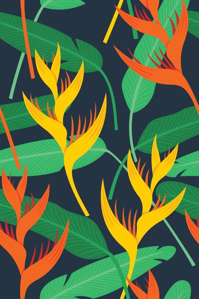 Seamless Pattern Wallpaper of Heliconia Flowers and Leaves for the Tropical Plant Background. vector