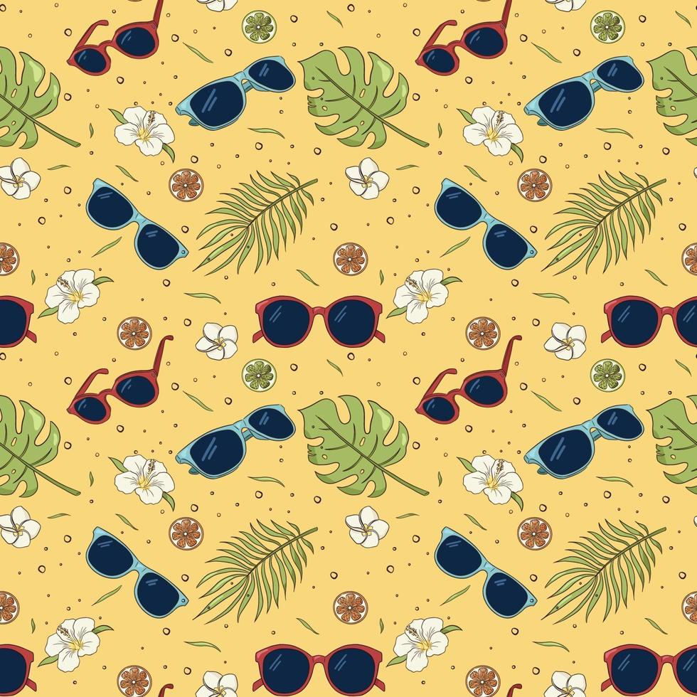 Seamless pattern of sunglasses, tropical leaves and flowers. Repeated ornament of summer vibes items. Vector yellow hand drawn illustration for wrapping paper, wallpaper, textile and fabric