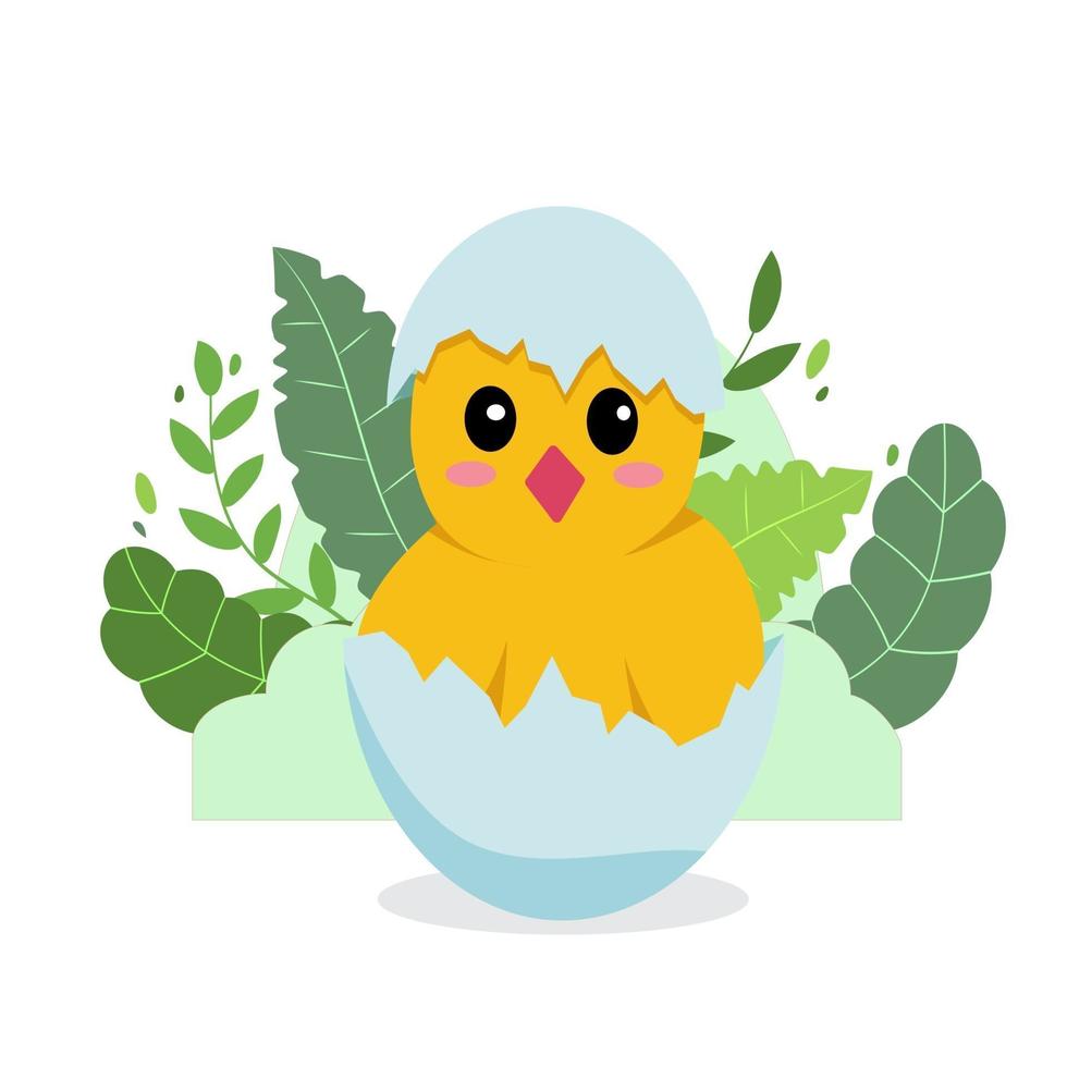 Cute chicken in a shell on a background of plant elements. Easter chick. Vector illustration