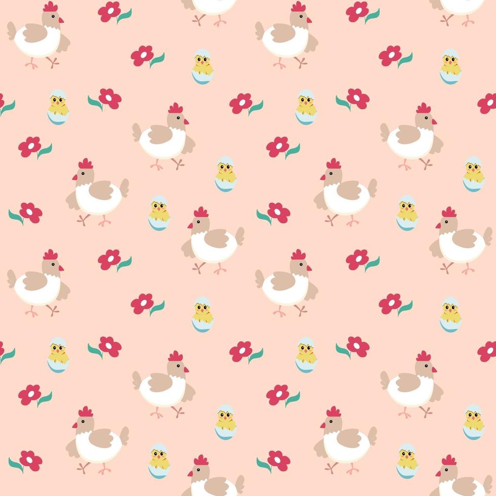 Seamless spring pattern with hen, chicken and flower. Vector illustration on a pink background. Endless texture for Easter