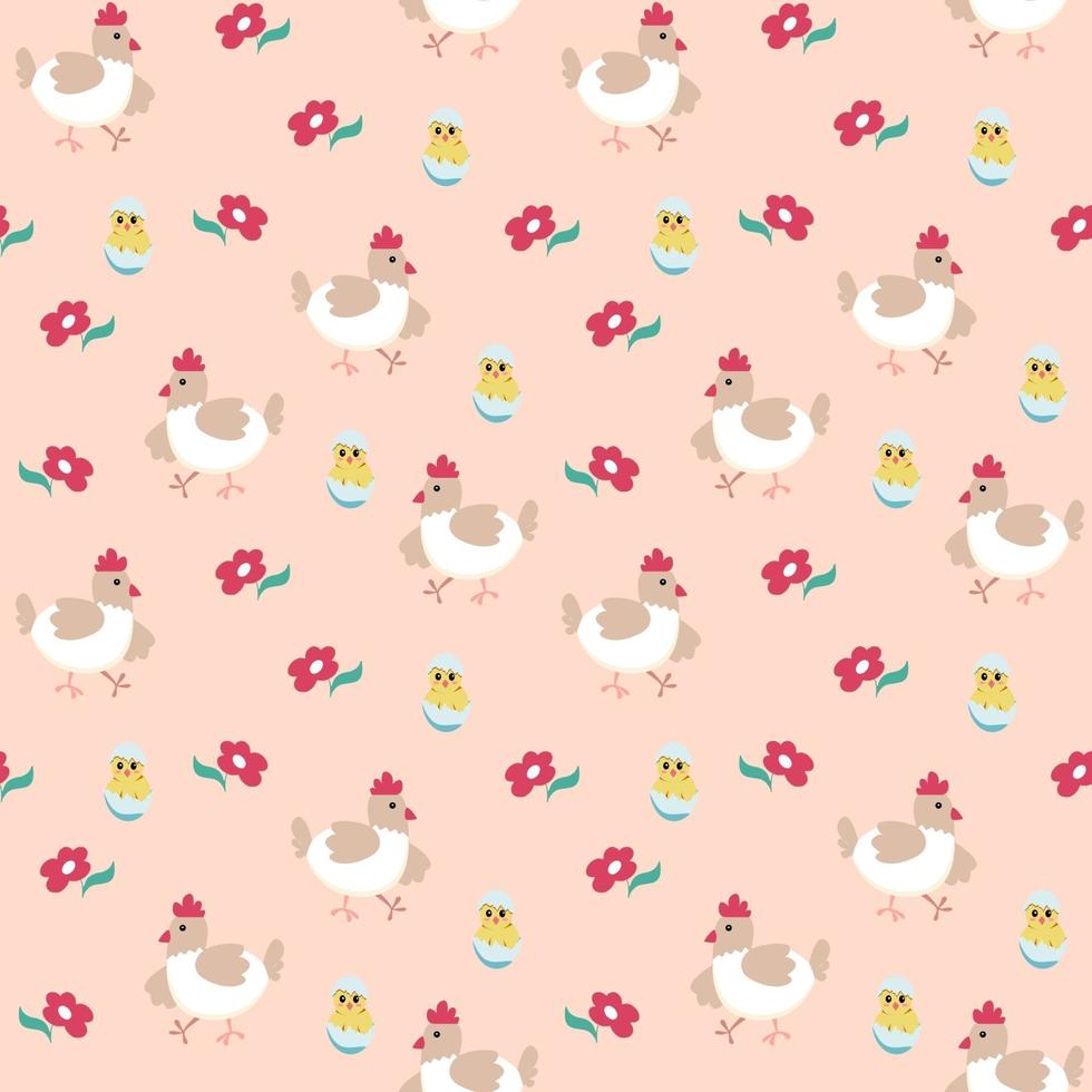 Seamless spring pattern with hen, chicken and flower. Vector illustration on a pink background. Endless texture for Easter