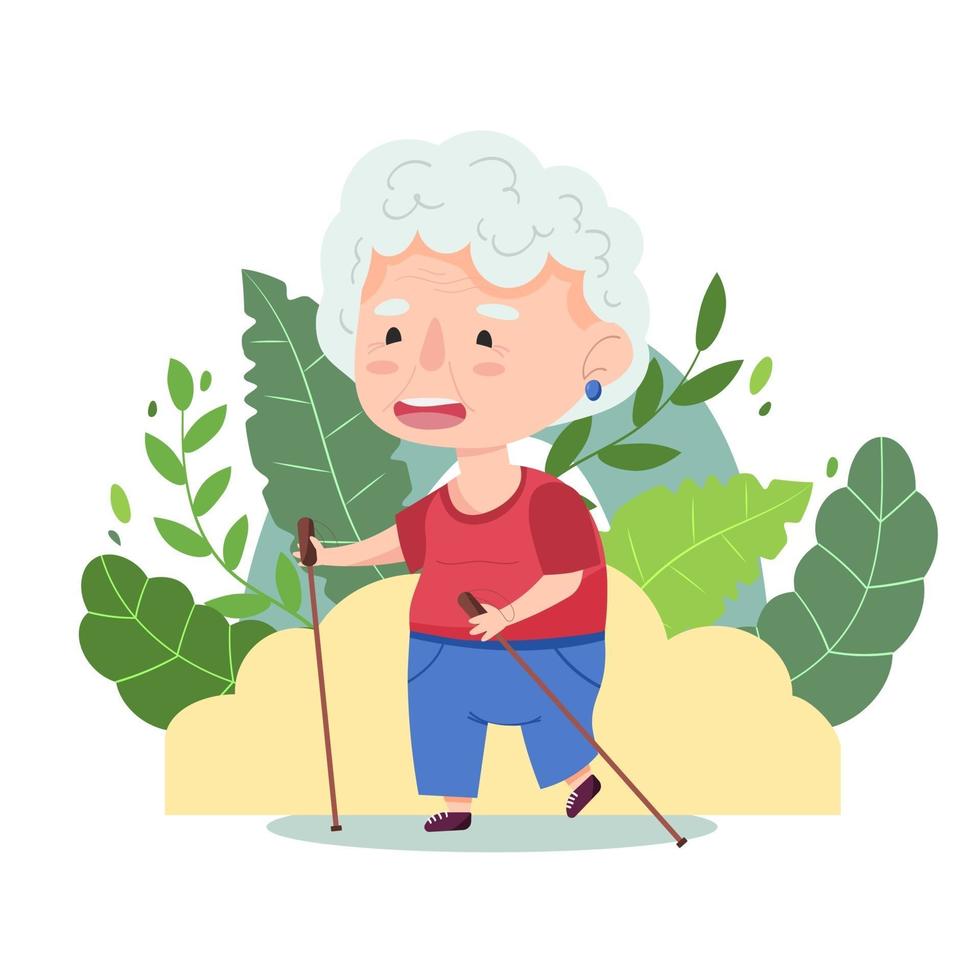 Cute old lady is walking Nordic walking with sticks. Vector illustration. Female character of grandmother playing sports. Cartoon style