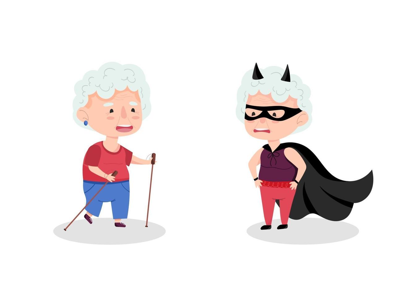 Couple of grandmothers characters. Grandmother in a superhero costume and an athlete with Scandinavian sticks. Funny elderly women. Vector illustration in cartoon style