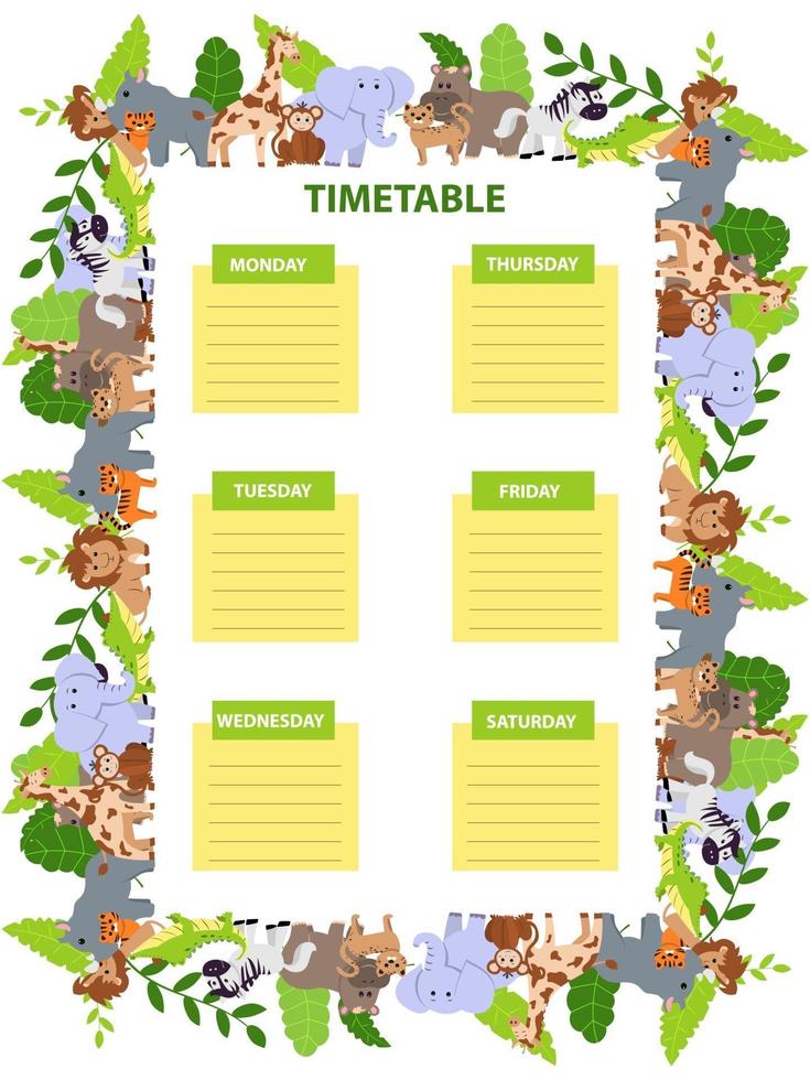 Kids school timetable template with wild animals. Elephant, lion, rhino, hippo, giraffe, jaguar, monkey, crocodile and tiger. Cartoon vector illustration