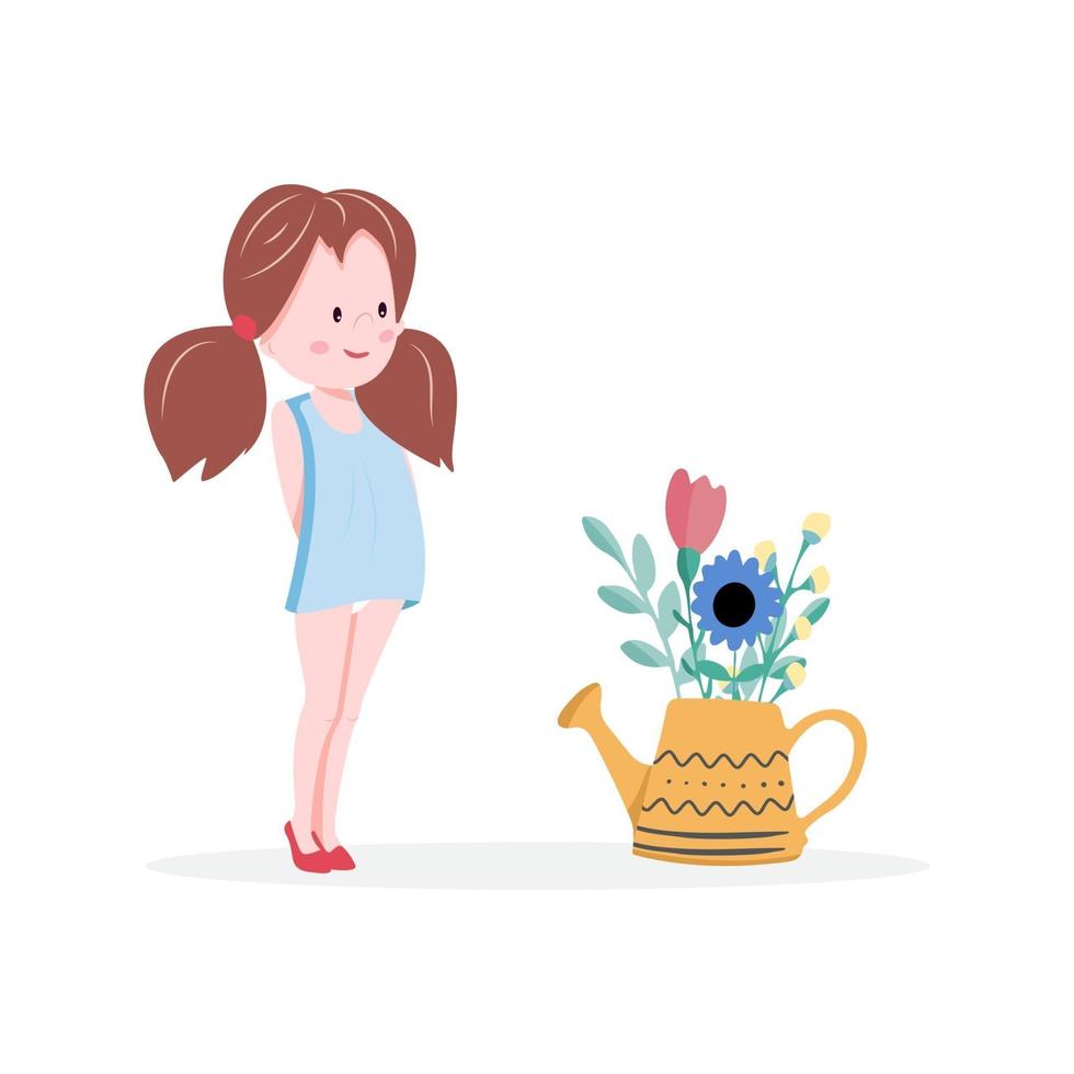 la niña está confundida y mira una regadera con un ramo de flores. personaje de dibujos animados de niña aislado sobre fondo blanco. ilustración vectorial vector