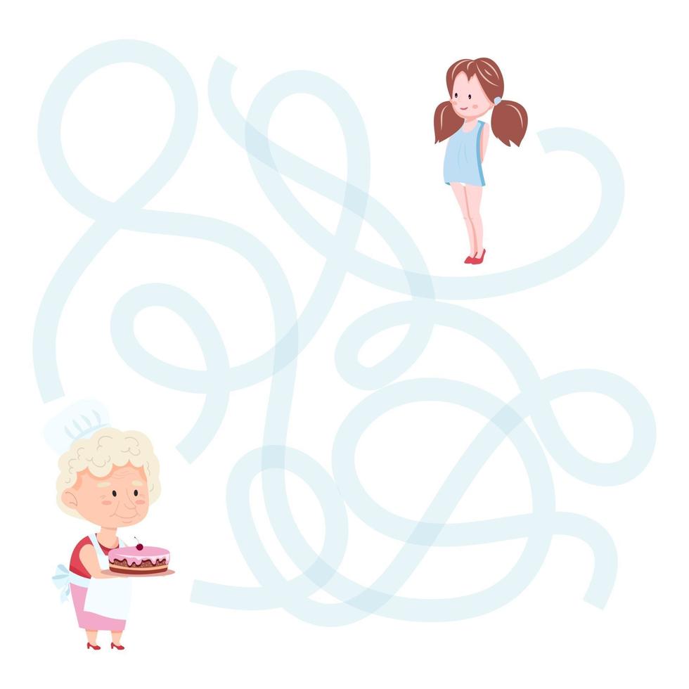 Cute cartoon granny maze game. Labyrinth. Funny game for children education. Vector illustration