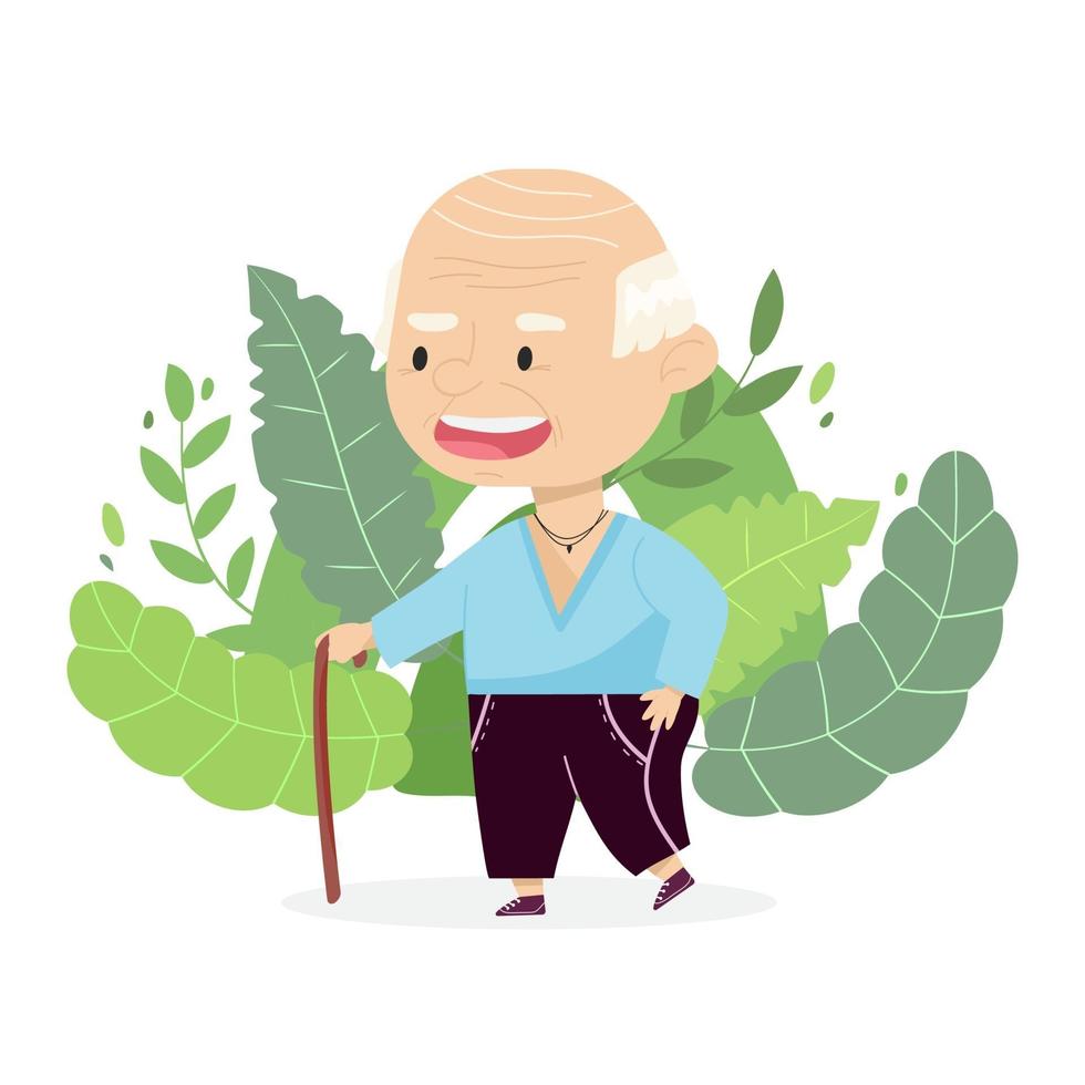 Grandfather with a stick. Cheerful cartoon character isolated on the background. Cute vector illustration