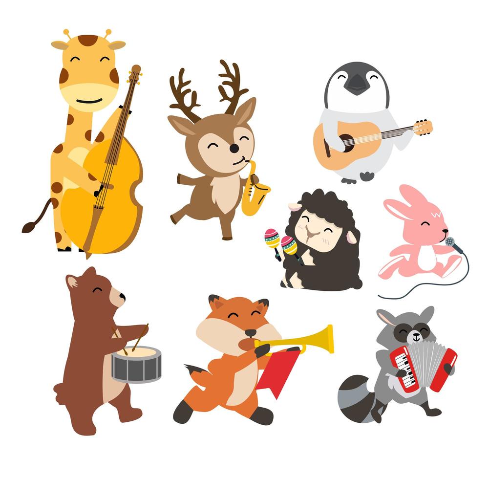 Conjunto de animales alegres tocando música de dibujos animados vector