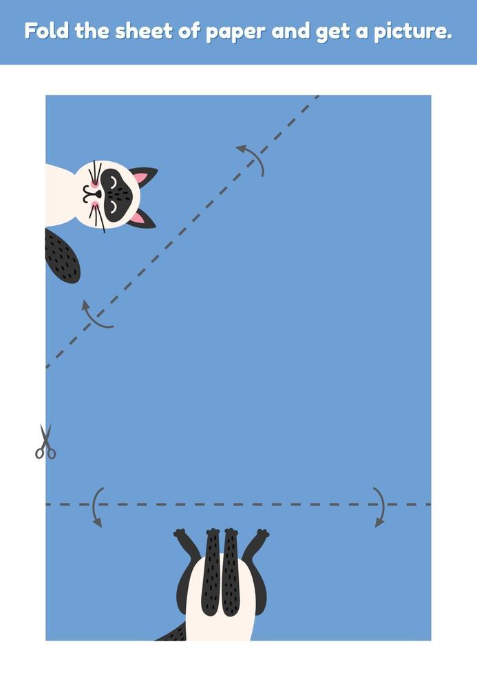 Fold the sheet of paper and get a picture cute cartoon funny cat. Education game for kids. Worksheet for kindergarden and preschool age. Development fine motor skills. vector