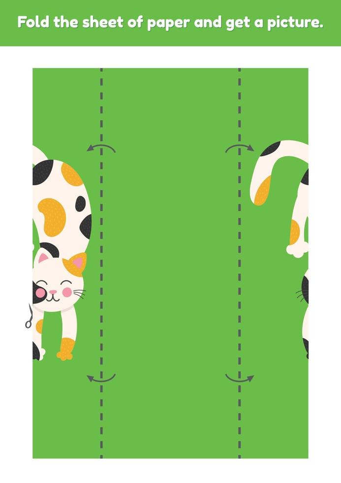 Fold the sheet of paper and get a picture cute cartoon funny cat. Education game for kids. Worksheet for kindergarden and preschool age. Development fine motor skills. vector