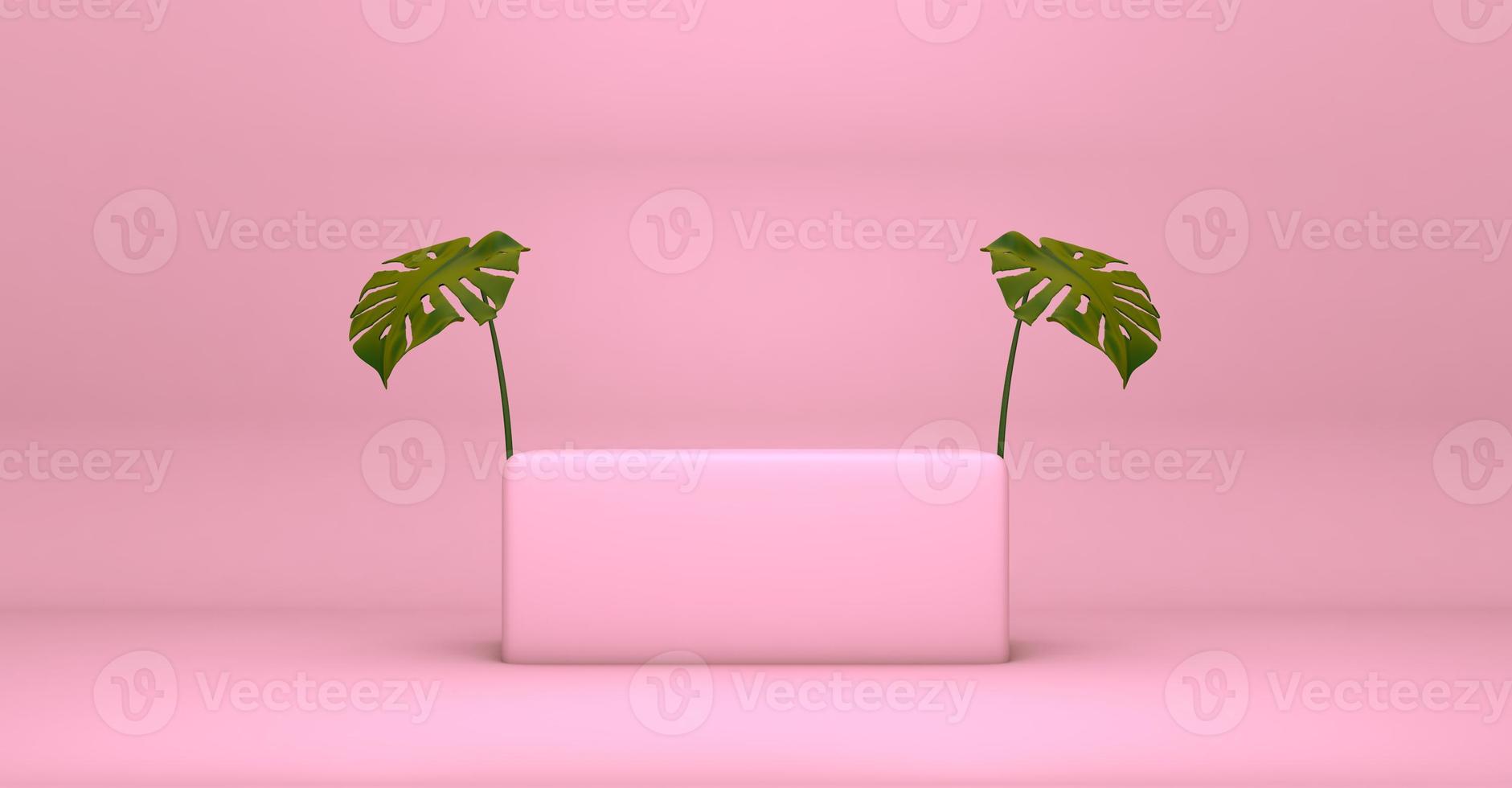 Rectangle podium on pink background with leaves photo