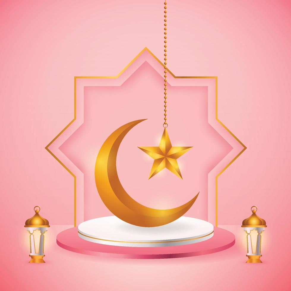 3d product display pink and white podium themed islamic with crescent moon, lantern and star for ramadan vector