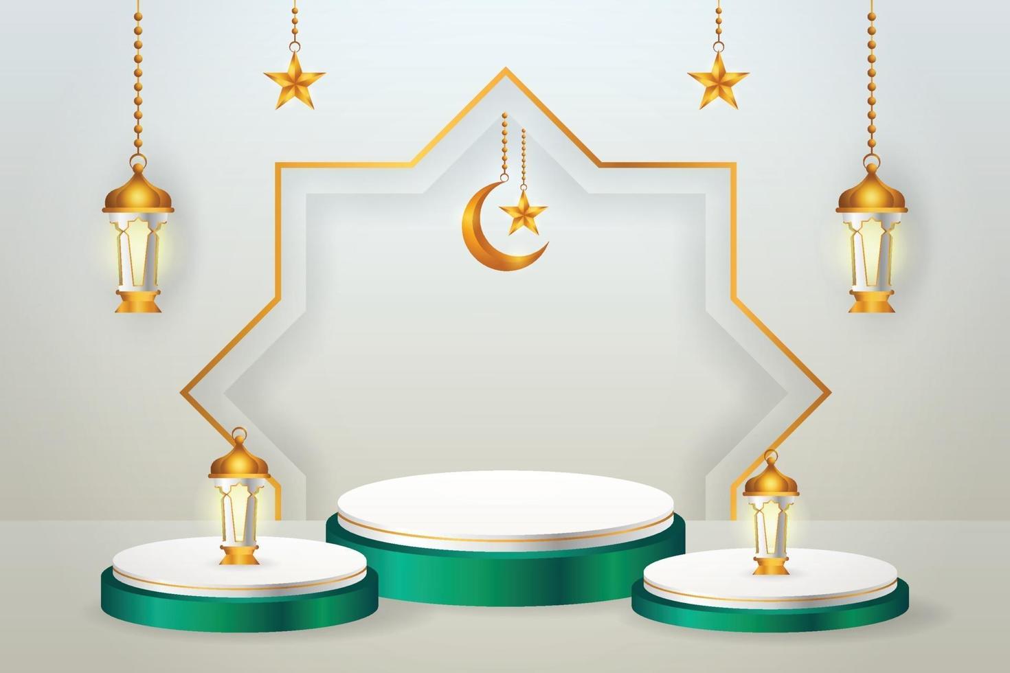 Exhibición de productos 3d podio verde y blanco temático islámico con luna creciente, linterna y estrella para ramadán vector