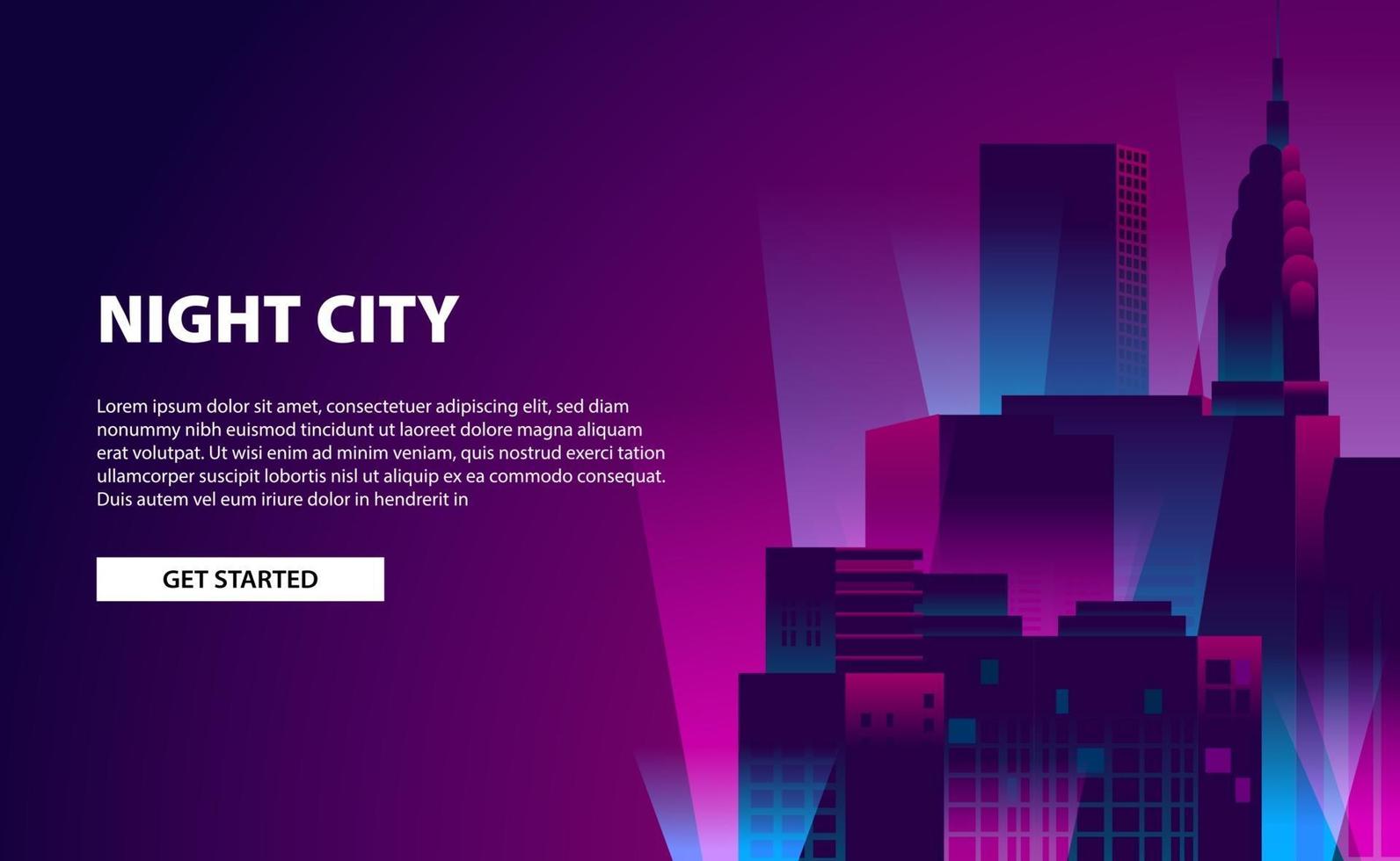 Landing page banner glow neon color city night illustration with skyscraper building with dark background vector