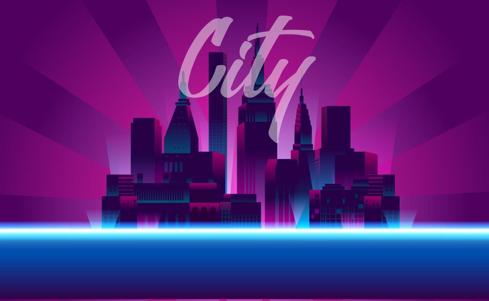 Illustration of neon city night with skyscraper buildings vector