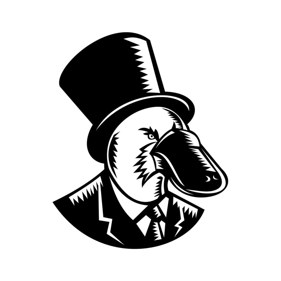 Retro woodcut style illustration of a duck-billed platypus, a semiaquatic egg-laying mammal endemic to eastern Australia, wearing a top hat and business suit on isolated background in black and white. vector