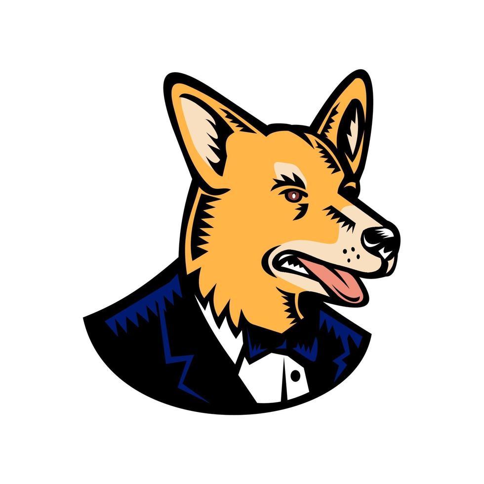 Retro woodcut style illustration of a Welsh Corgi or Pembroke Welsh Corgi dog wearing a tuxedo coat and tie looking to side on isolated white background vector