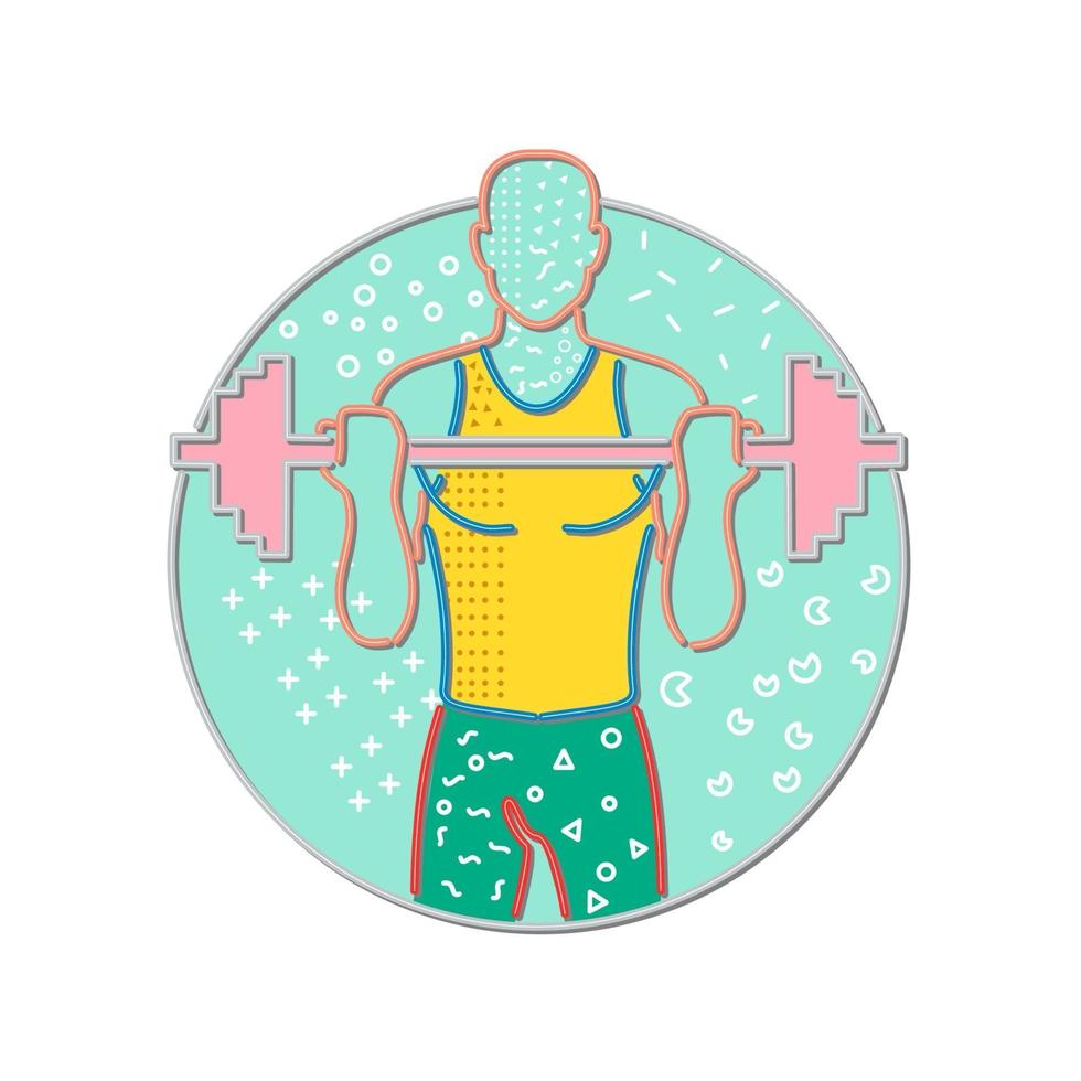 Memphis style design illustration of an athlete or weightlifter lifting a barbell vector