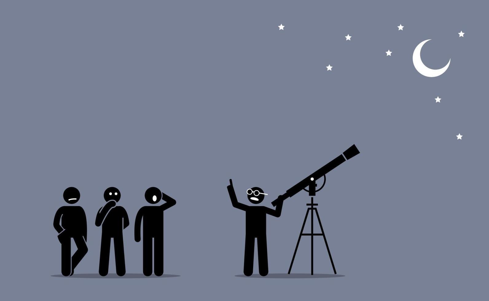 A physicist with a telescope telling and explaining to people about his discovery vector
