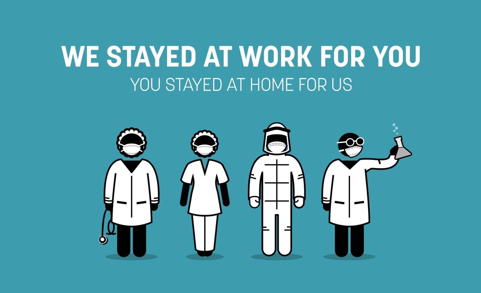Frontliners doctor, nurse, medical workers and staffs urging public to stay at home vector