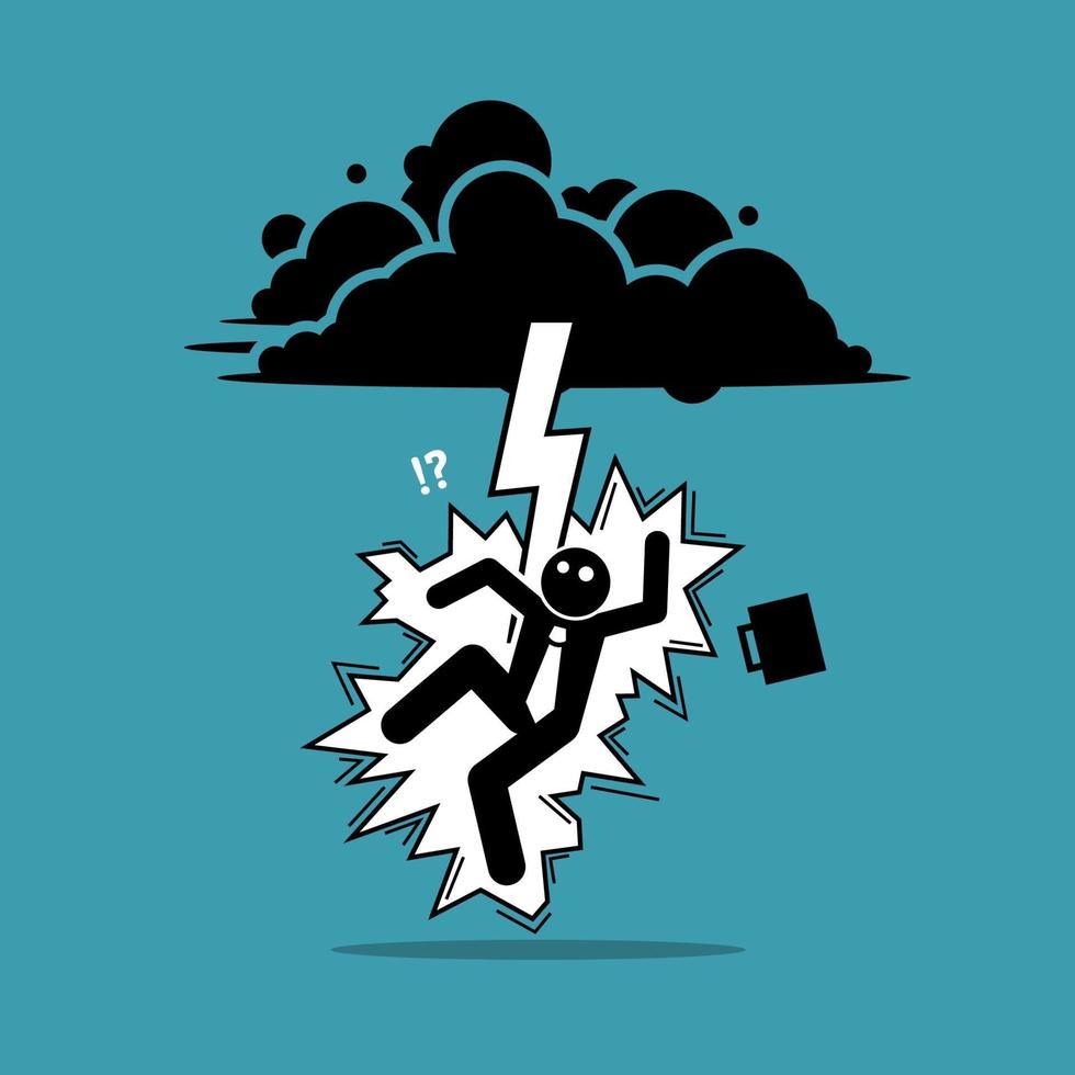 Businessman struck by lightning or thunder from the dark cloud vector