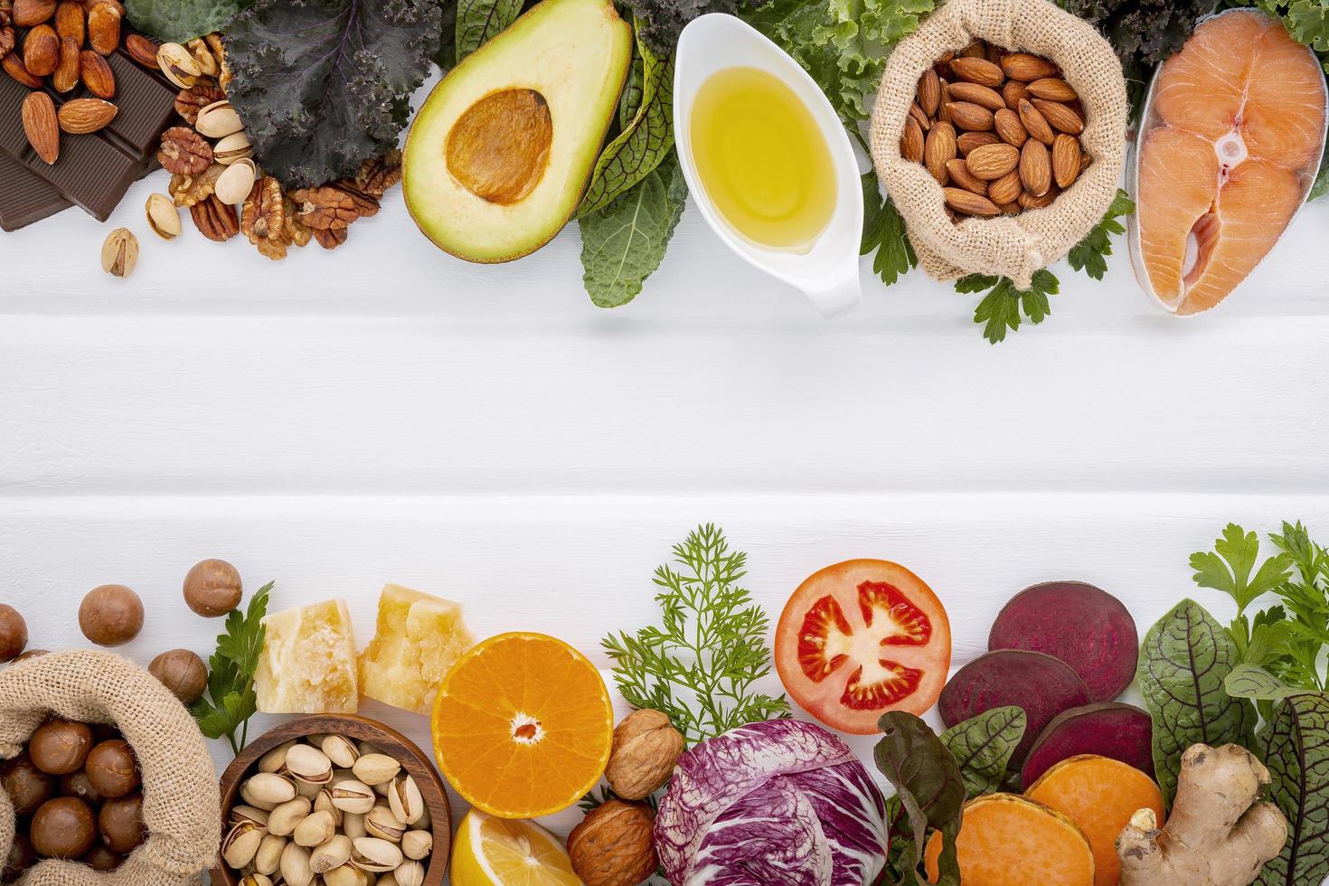 Ingredients for healthy food selection on a white background. Balanced healthy ingredients of unsaturated fats and fiber for the heart and blood vessels photo