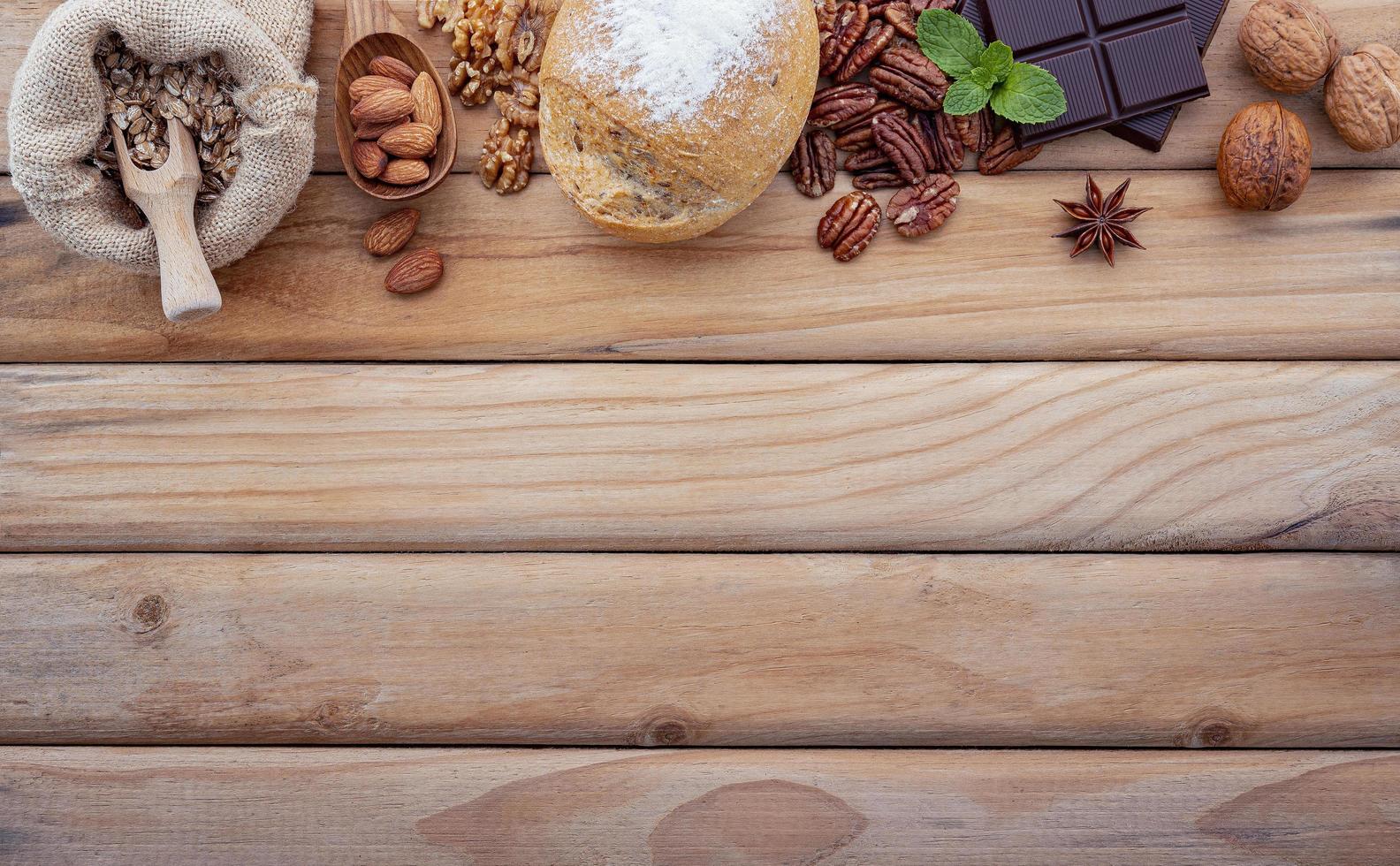 Ingredients for healthy food selection. Concept of healthy food set up on a shabby wooden background photo