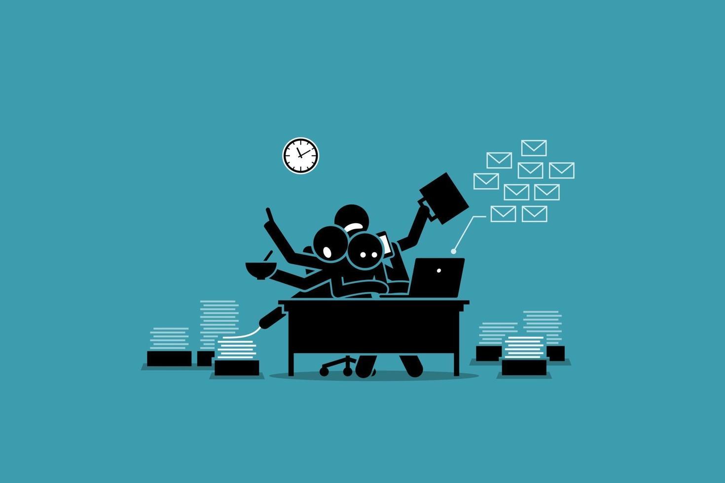 hombre ocupado trabajando en la oficina y abrumado por el trabajo. concepto de ilustración vectorial del empresario agotado, cansado, demasiado trabajo, con exceso de trabajo y horas extraordinarias. vector