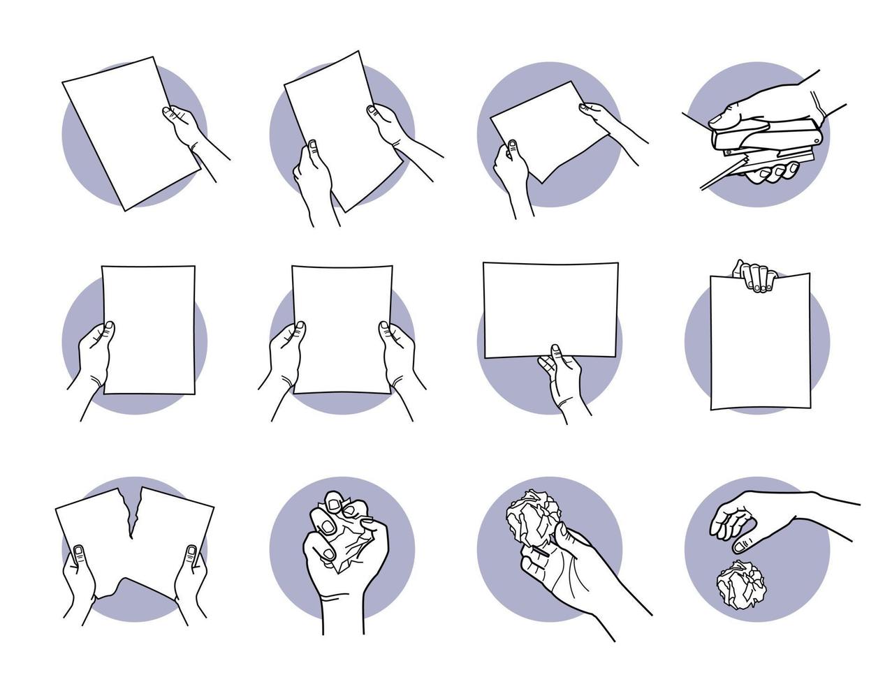 Hand holding A4 paper, staple, tearing, crumpled, and throwing away set vector