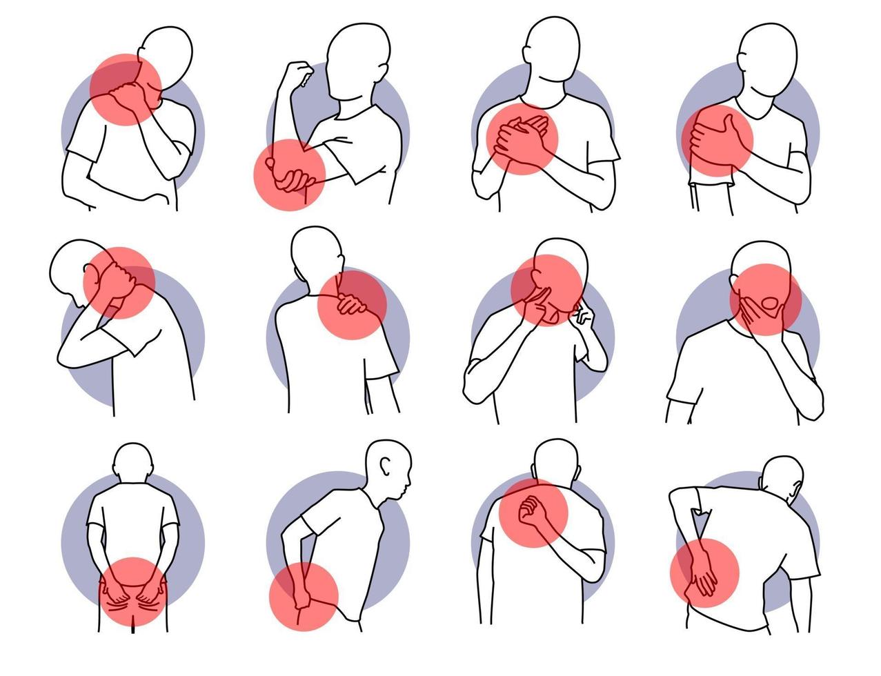 Dolor y lesiones en las partes del cuerpo humano. vector