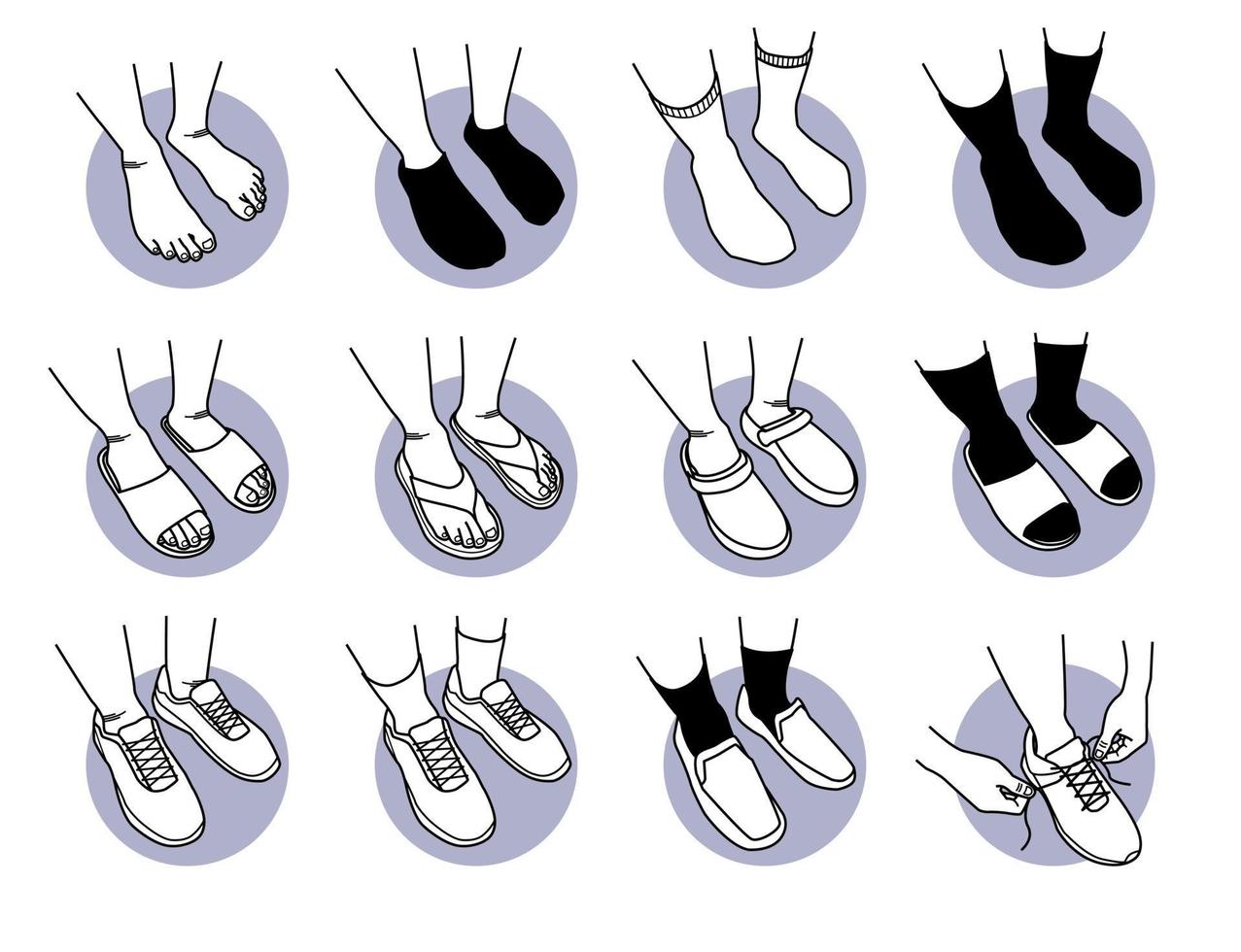 Foot and feet wearing different type of shoes and socks set vector