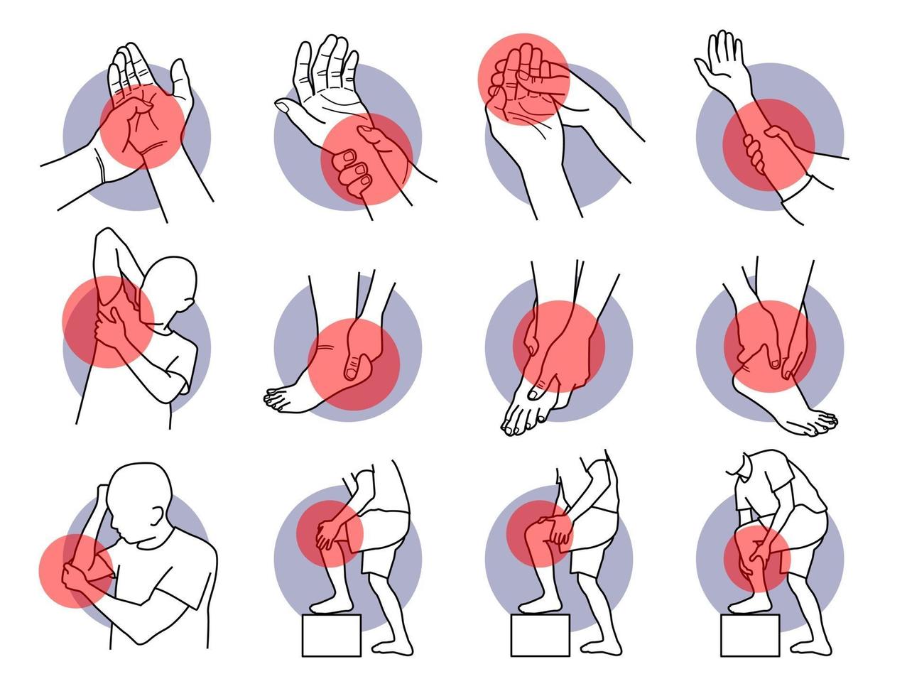 dolor y lesiones en las manos y las piernas vector