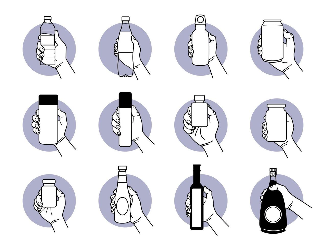 Mano sosteniendo diferentes tipos de diseños de botellas para beber y bebidas. vector