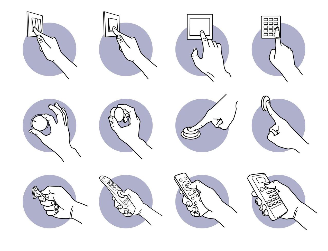 Hand pressing, turning, pushing, and flipping switch button set vector