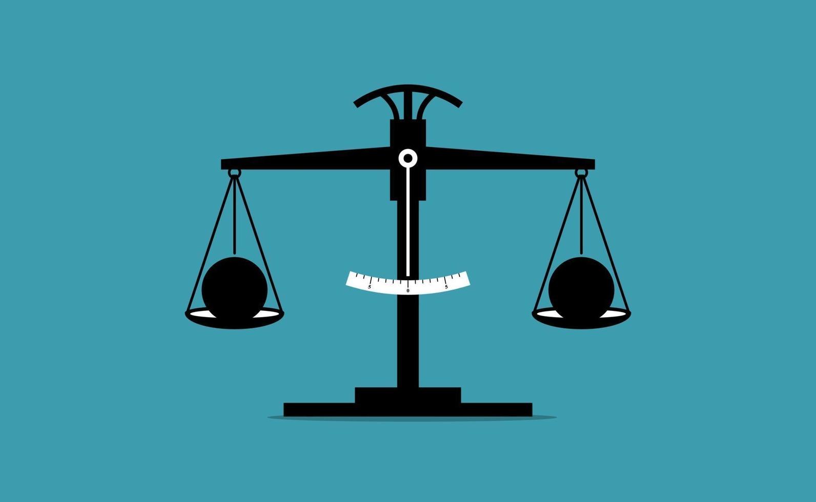 Scale of justice measuring the weight of two objects and they are equal vector