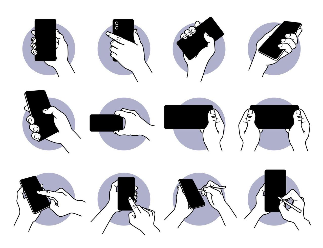 Hand holding and using smart phone with black blank screen icon set vector