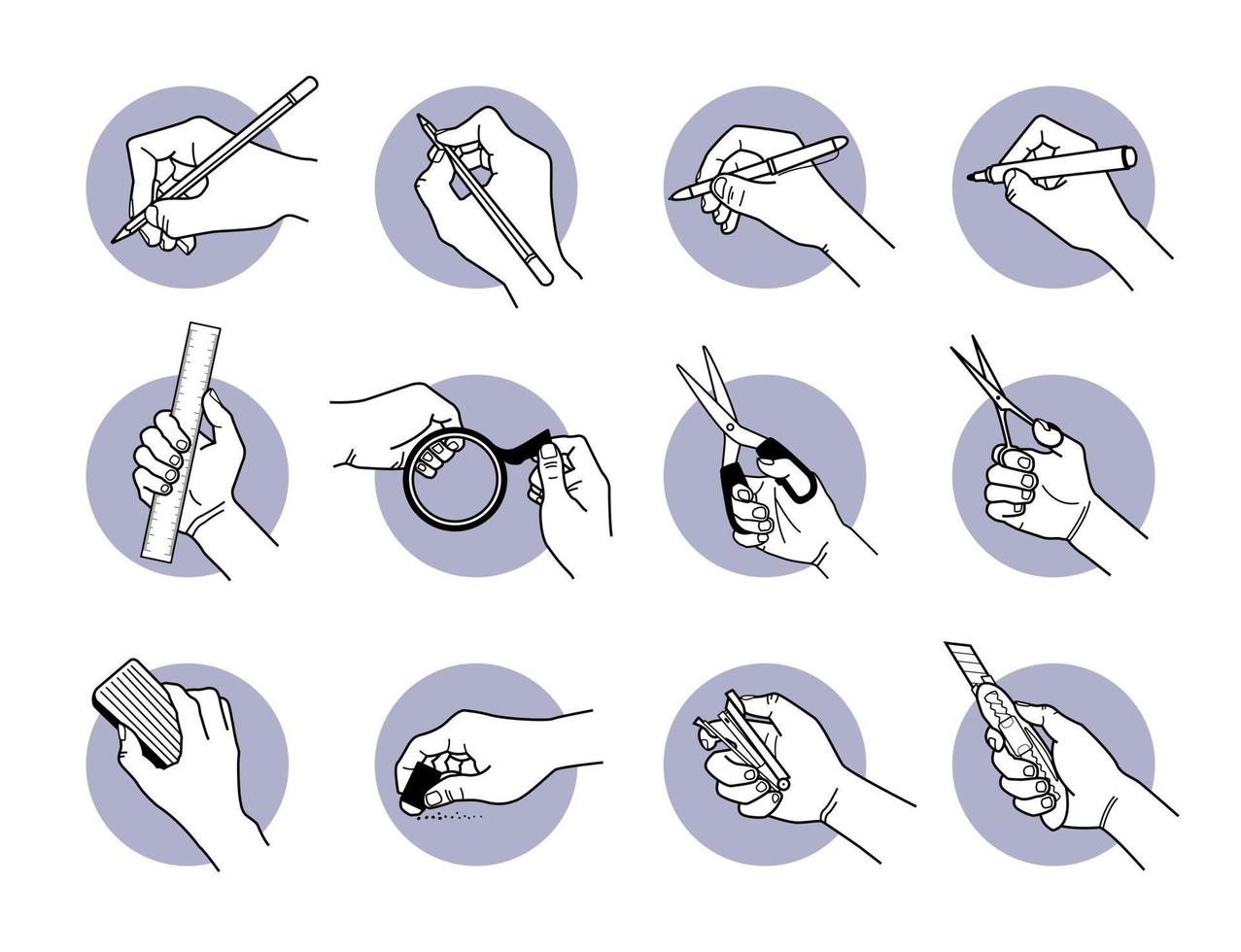 Hand using stationery tools and equipment set vector