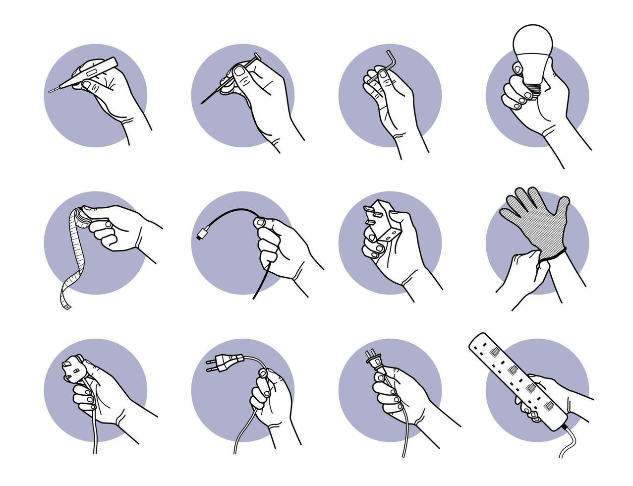 Hand holding electrical tools and equipment. Vector illustrations of hand holding test pen, screwdriver, Allen Key, lightbulb, measurement tape, cable, multi electric socket, and power plug.