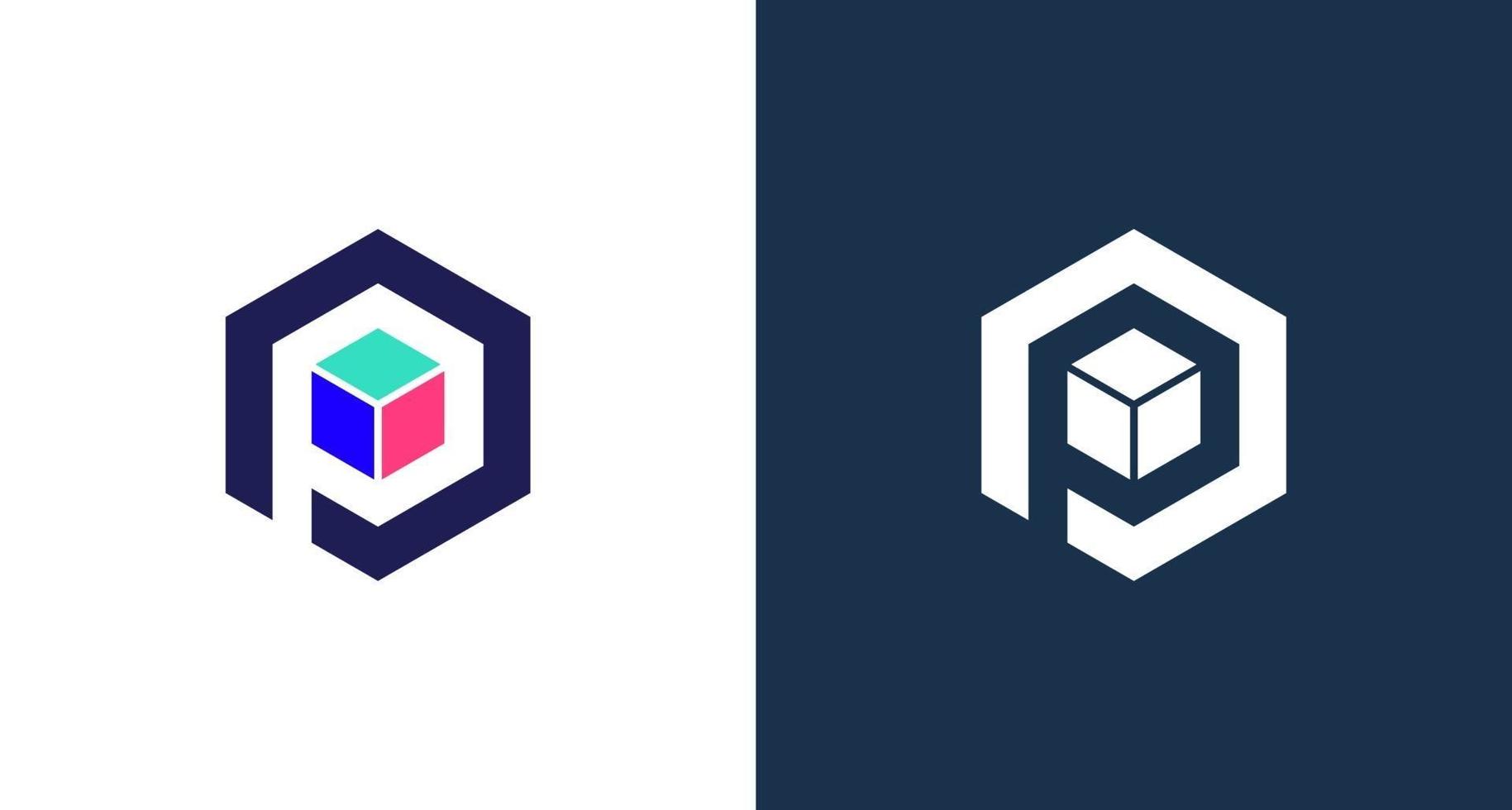 Logotipo de letra p simple con elemento de 3 capas en conjunto de forma hexagonal vector