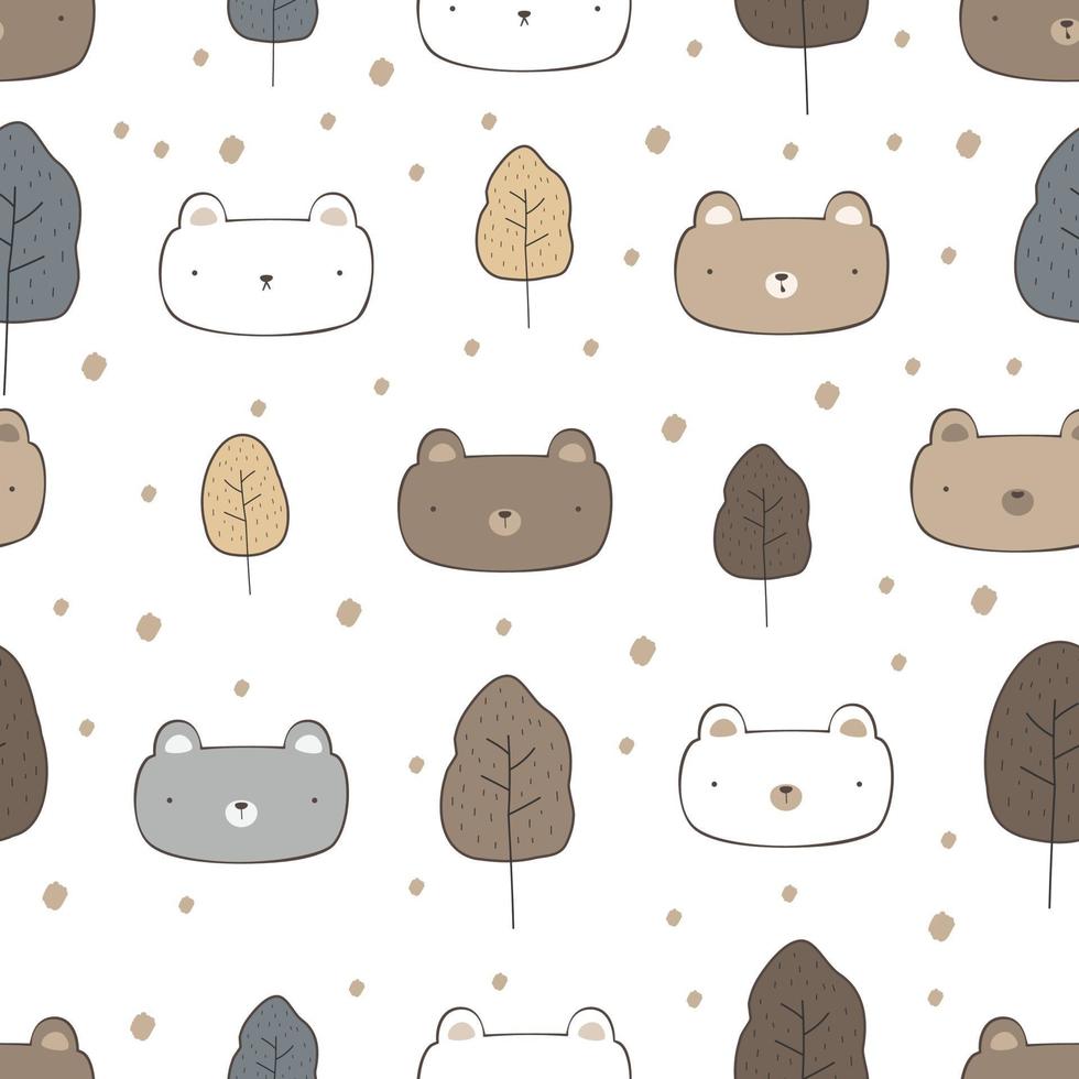 Cute teddy bear and polar bear head cartoon doodle seamless pattern vector