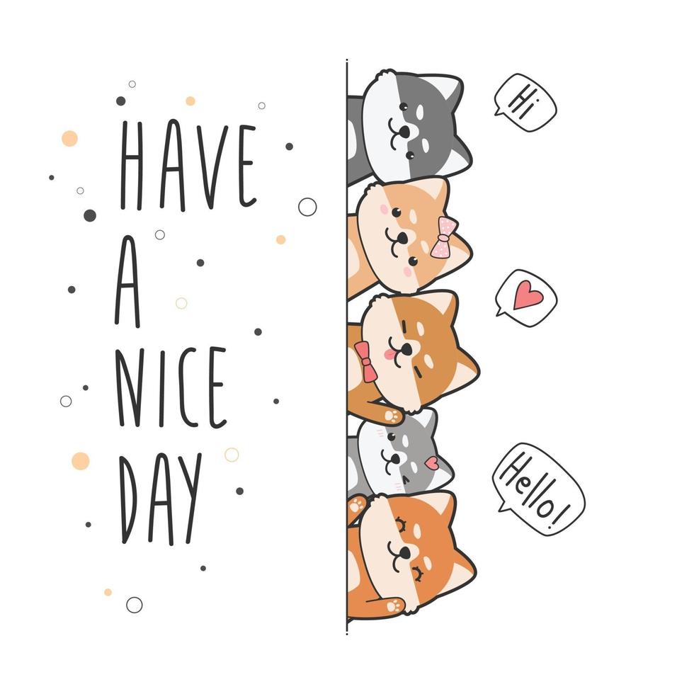 Cute shiba inu dog puppy greeting cartoon doodle card vector