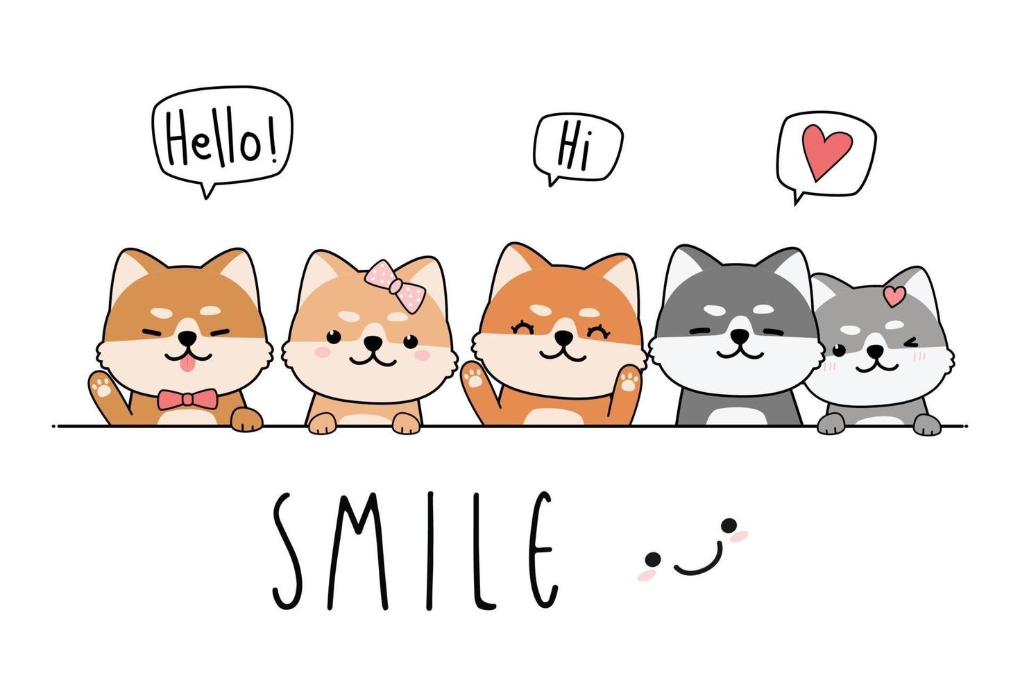 Tarjeta linda del doodle de la historieta del saludo del perrito del perro de shiba inu vector