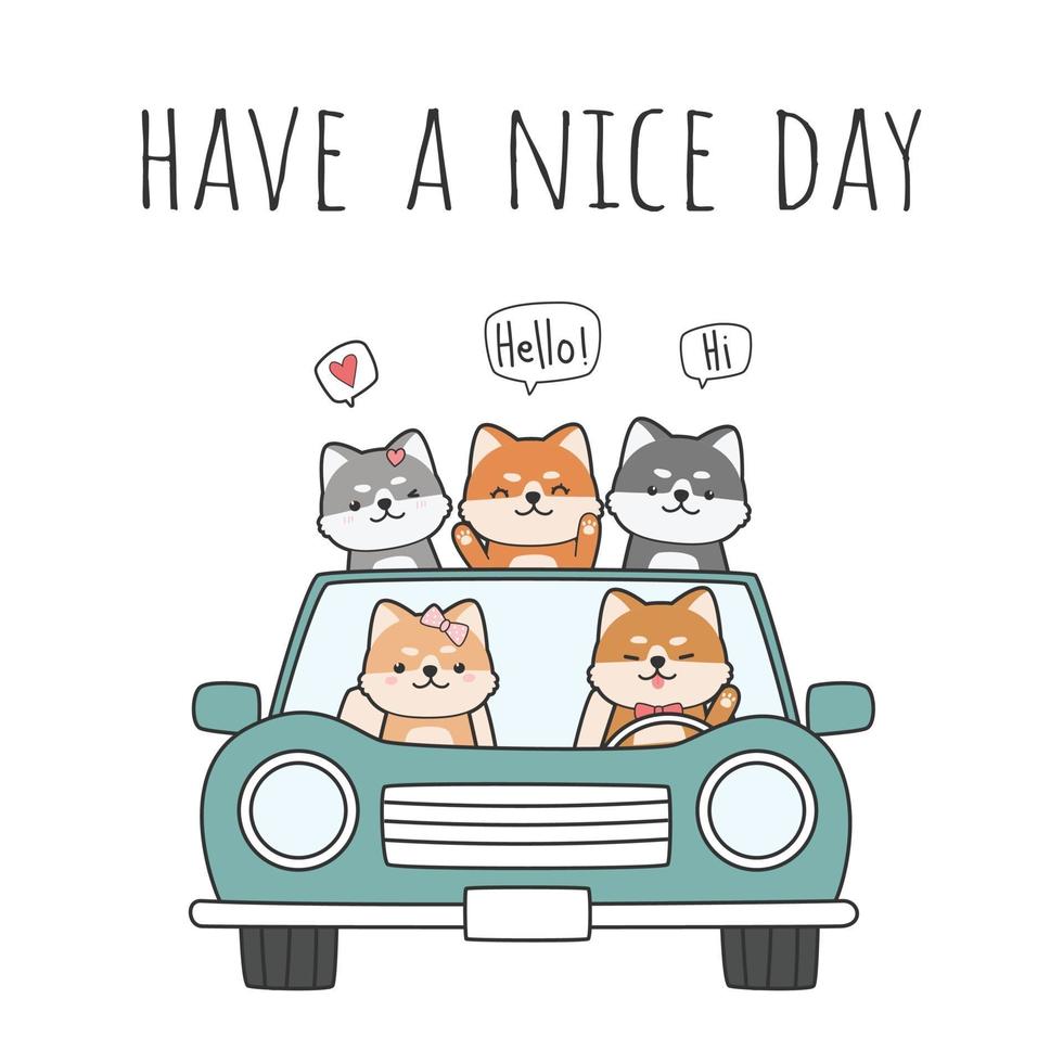 Cute shiba inu dog driving a car with friends greeting cartoon doodle vector