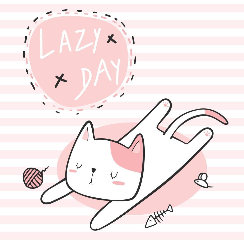 Cute cat sleeping lazy day cartoon doodle pink striped background wallpaper  2225691 Vector Art at Vecteezy