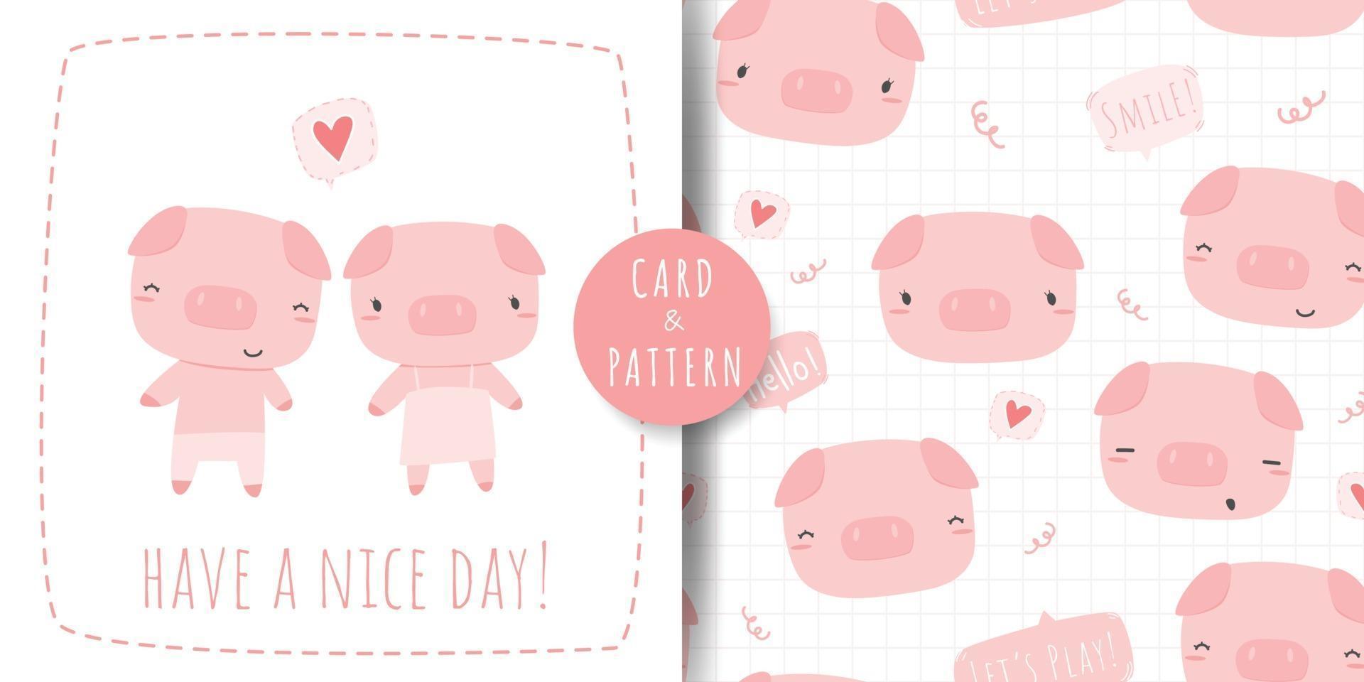 Cute pig cartoon card and seamless pattern set vector