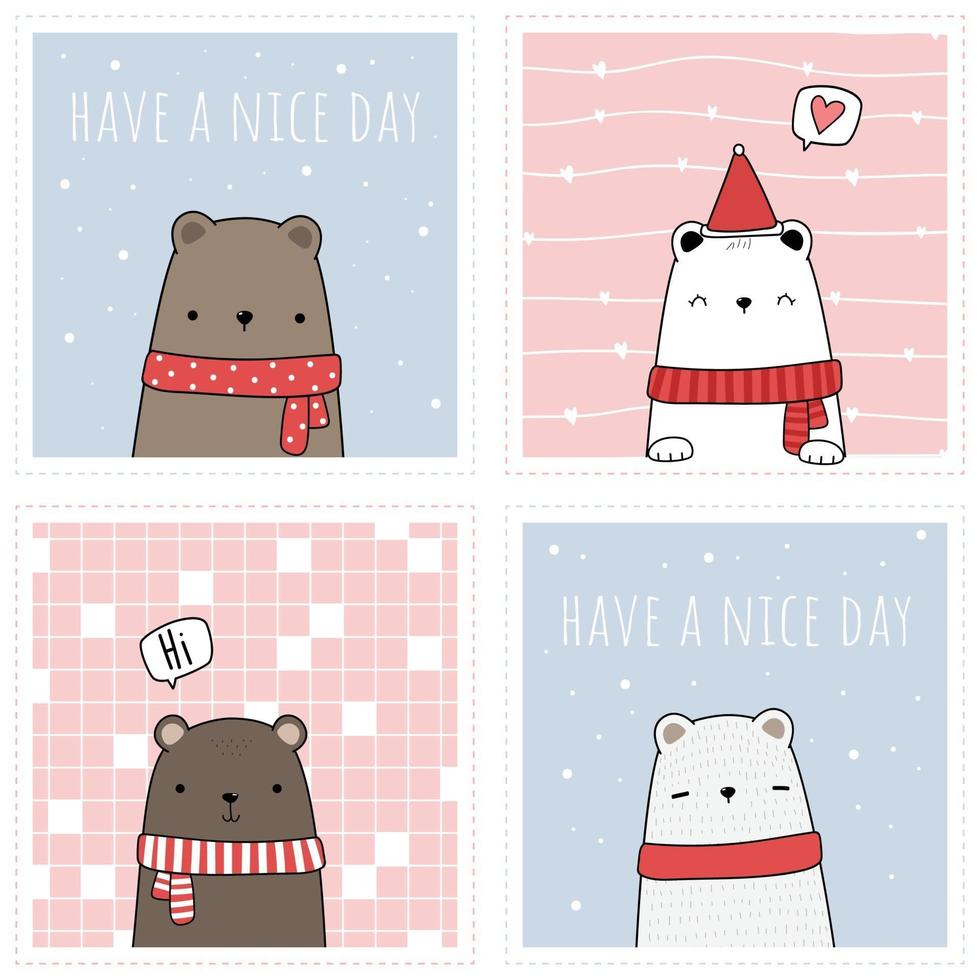 Set of Cute teddy bear and polar bear cartoon doodle card vector