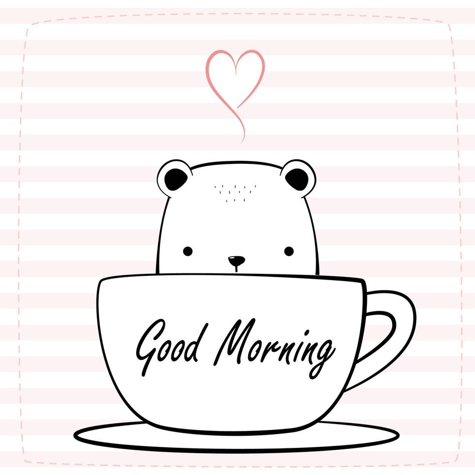 Cute polar bear sitting in coffee cup cartoon doodle with pink striped background vector