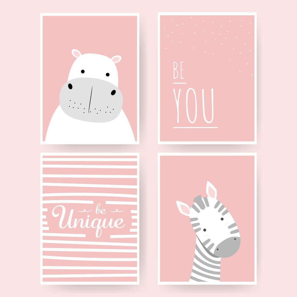 Cute hippo and zebra greeting cartoon pink pastel background wallpaper set vector