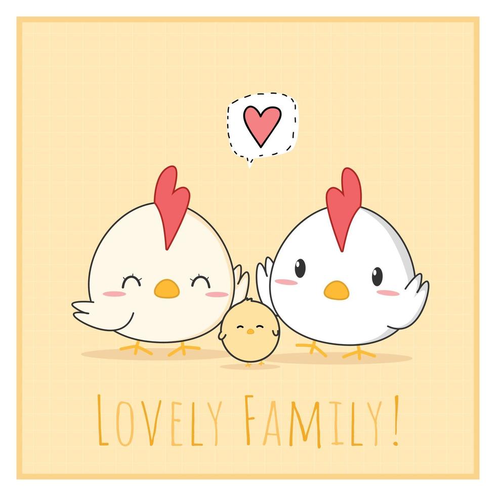 Cute chicken and rooster family cartoon doodle card vector