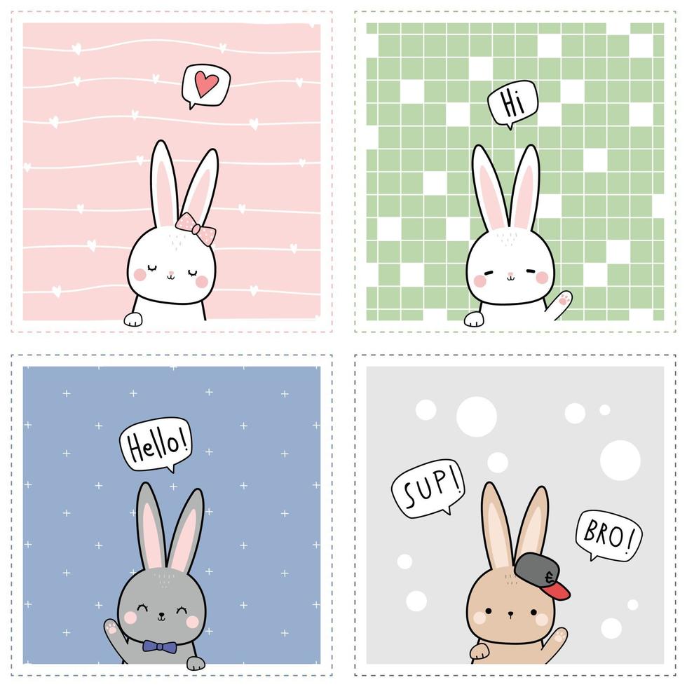 Cute rabbit bunny greeting cartoon doodle card collection set vector